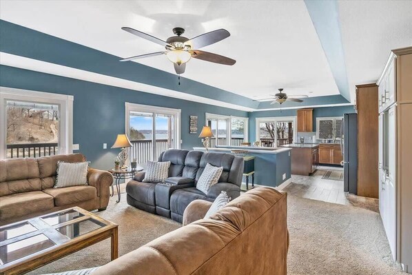 House, Multiple Beds, Patio (42 Branch) | Living area - Sleeps 26 Lakefront w/ Private Dock & Dance Floor! (Lake Ozark)