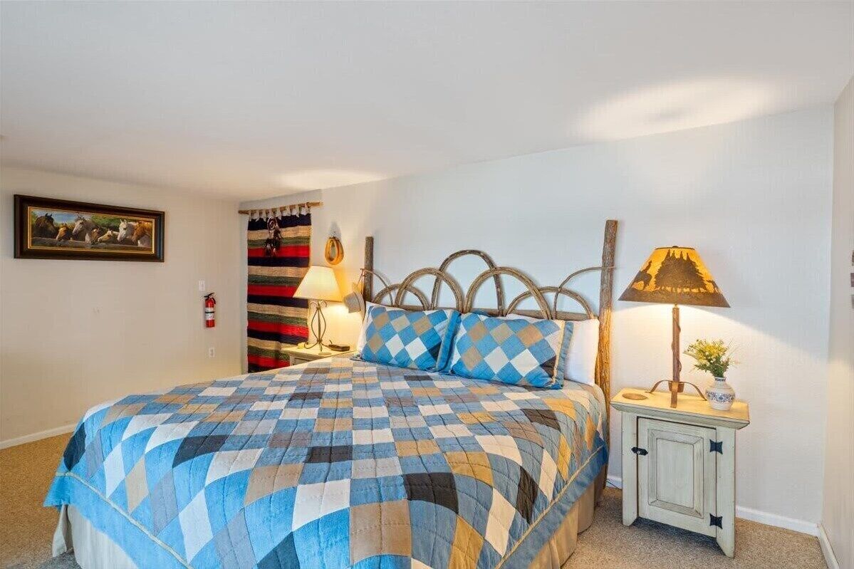 A bedroom with a bed, a nightstand with a lamp, a wall-mounted fire extinguisher, and a framed picture on the wall.