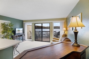 Apartment, 1 King Bed, Patio, Pool View (6620 Weston Point A3) | Living area - Lakefront Condo Near Margaritaville (Osage Beach)