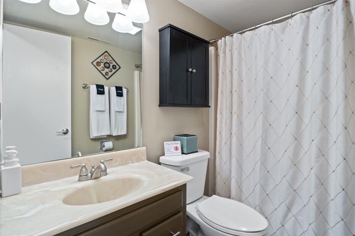 Une salle de bain équipée d’un lavabo, d’un miroir, de toilettes et d’un meuble de rangement au-dessus des toilettes.