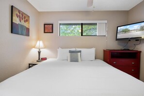 Hotelkamer met een bed, nachtkastje met lamp, televisie, raam met uitzicht op bomen en een schilderij aan de muur.