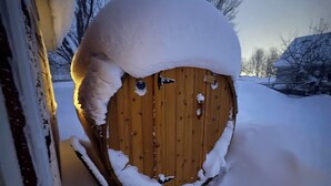 Une porte en bois, partiellement recouverte de neige, avec un paysage enneigé et des arbres sans feuilles en arrière-plan.