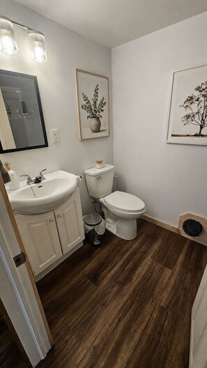 A bathroom with a white sink, toilet, and mirror. There are framed pictures on the wall and a wooden floor. - Modern Basement Apartment / Private and Comfortable (Saint John)