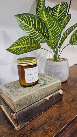 Un bocal rempli de bougies en cire de soja coulées à la main, une plante en pot et une pile de livres sur une surface en bois.