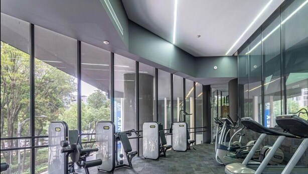 A modern gym with exercise equipment, large windows, and a view of greenery. - Modern apartment with pool and gym in TOP location in the CDMX (Ciudad de México)