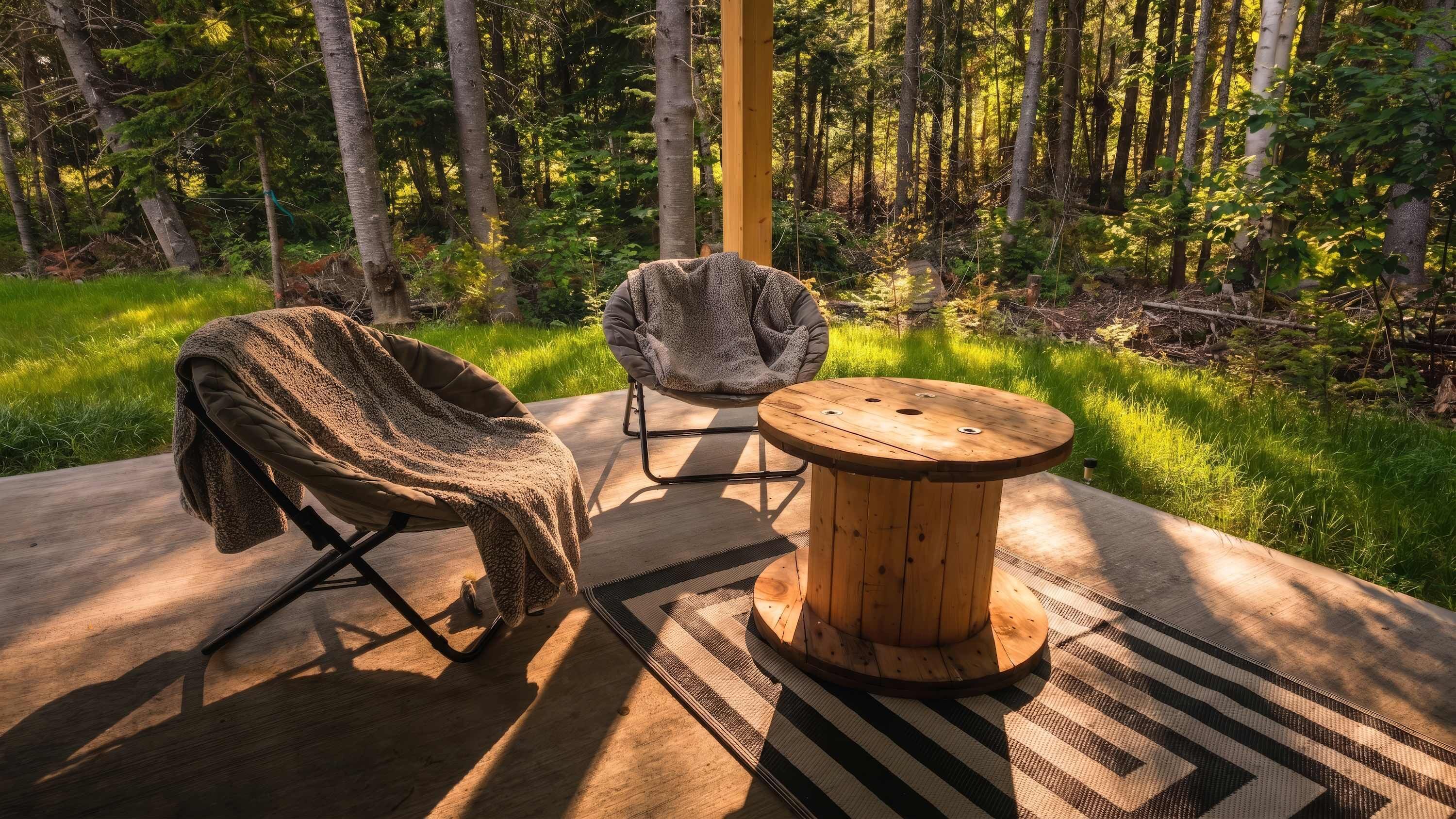 Ein Sitzbereich im Freien mit einem Holztisch und einem überdachten Stuhl, umgeben von einem Wald.