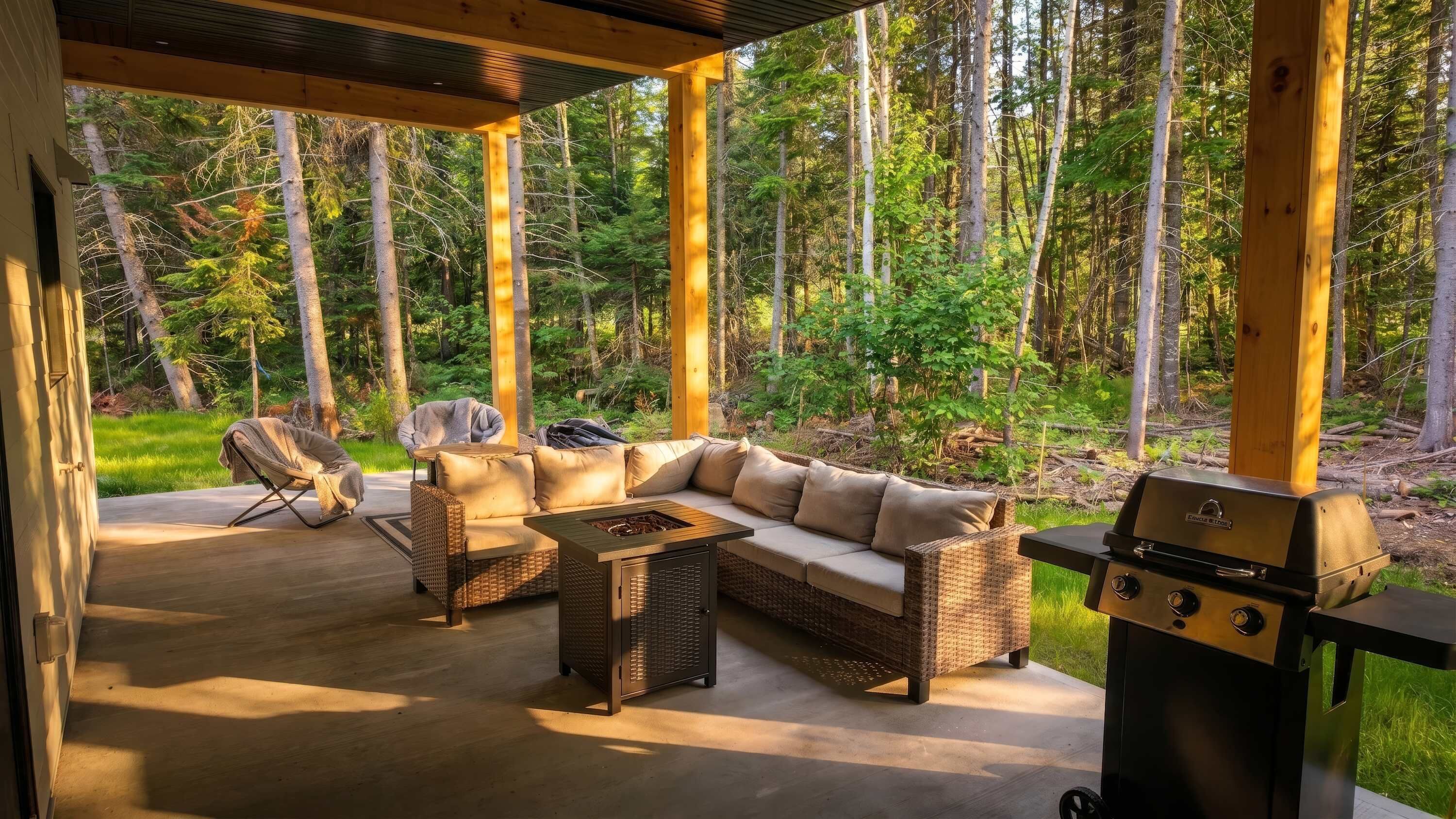 Een terras buiten met een bank, stoelen en een barbecue.