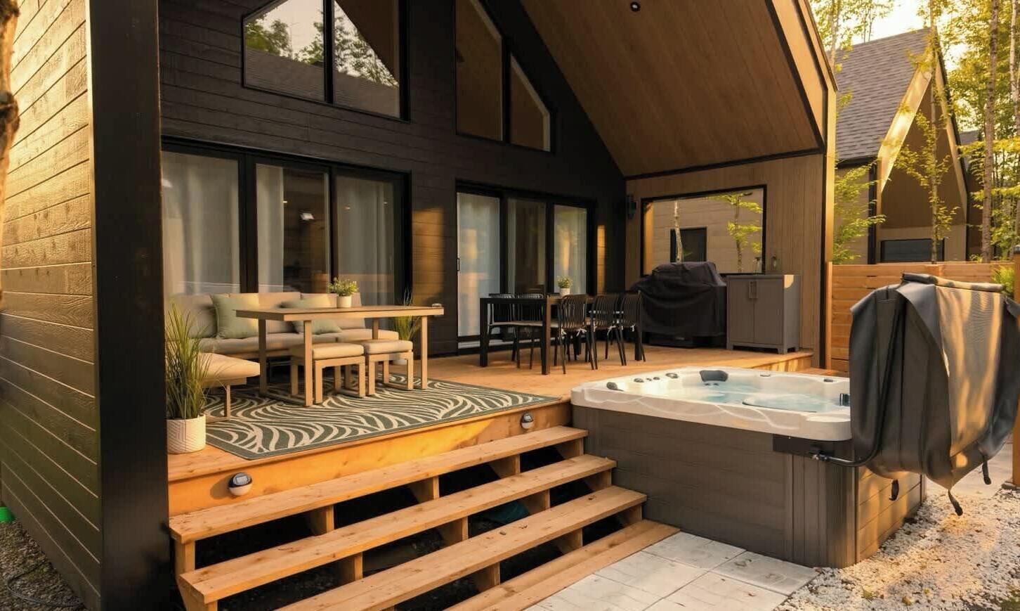 Eine moderne Außenpatio mit Whirlpool, Holzstufen und einer Sitzgruppe mit Tisch und Stühlen.
