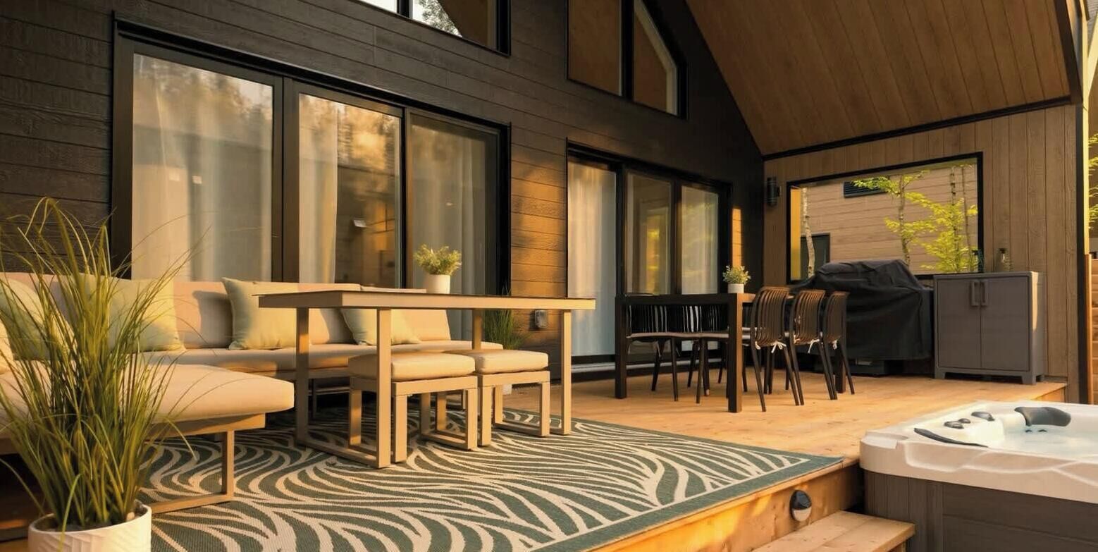 A modern outdoor living space with a sofa, dining table, and chairs, a hot tub, and a barbecue grill.