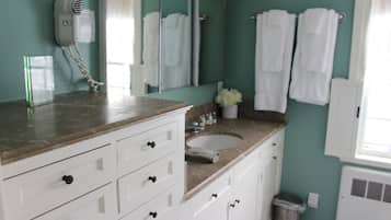 Hair dryer, towels, soap, toilet paper