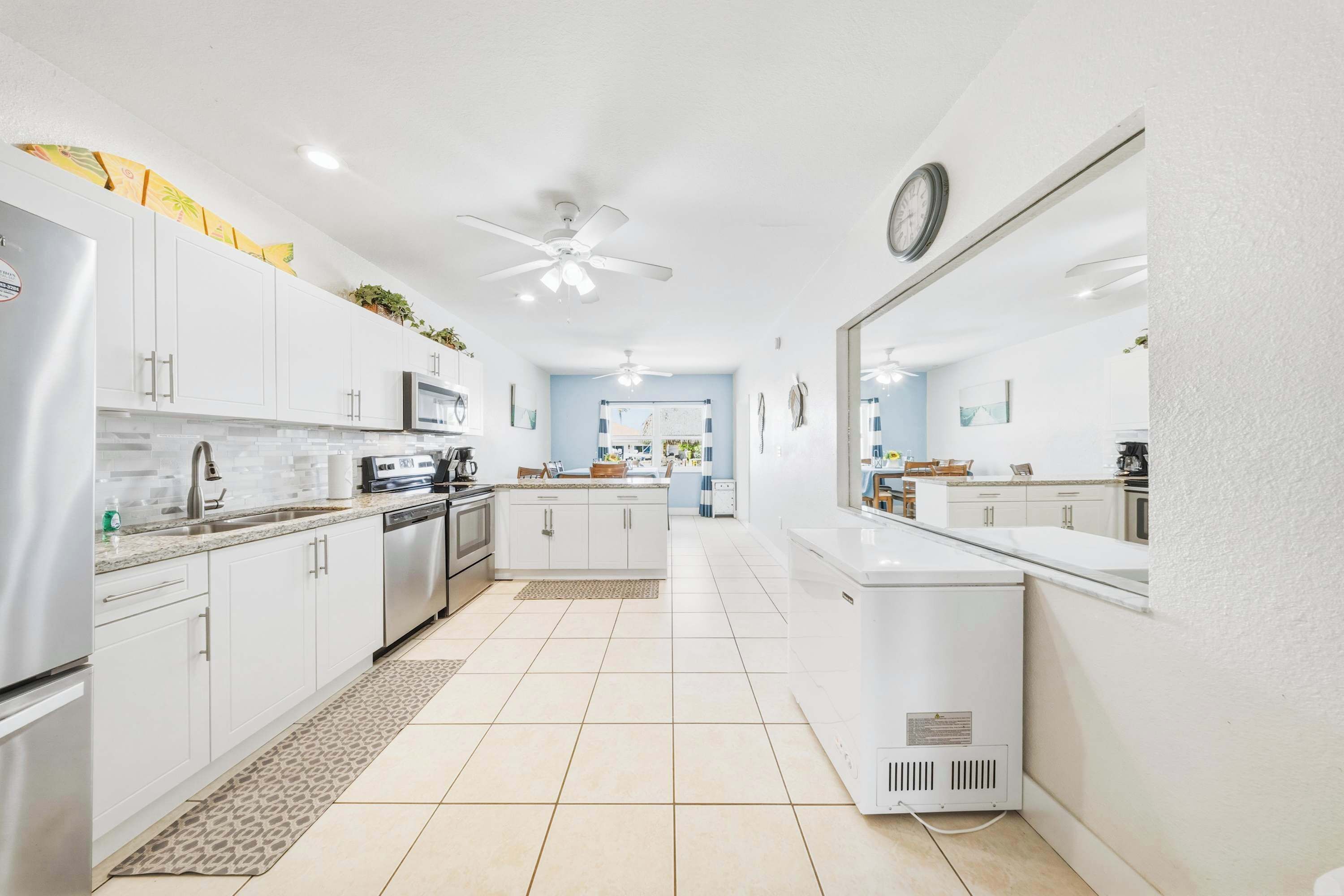 A modern kitchen with white cabinets, stainless steel appliances, and a central island.