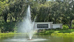 En fontän i en park med en skylt som lyder: ”East Lake Woodlands – ett exklusivt bostadsområde med tillhörande countryclub.”