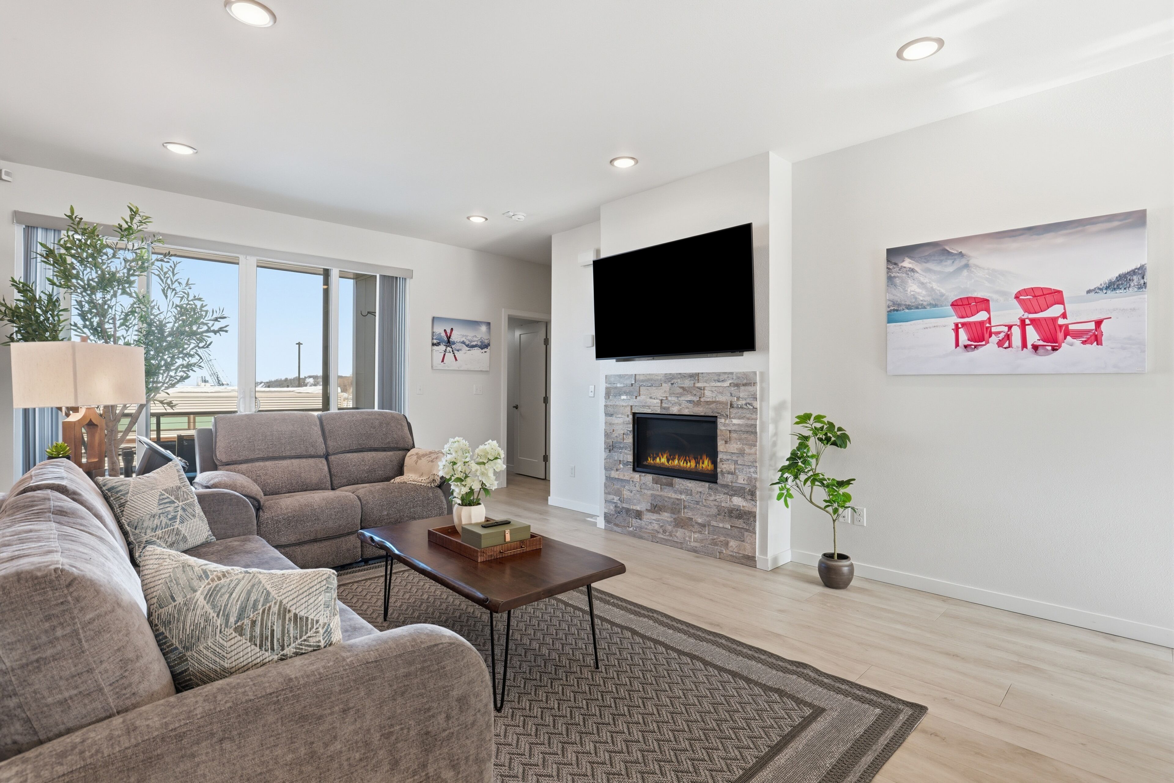 Smart TV, chimenea y libros 