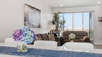 Smart TV, fireplace, books