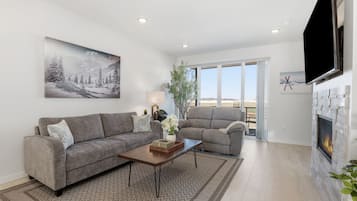 Smart TV, fireplace, books