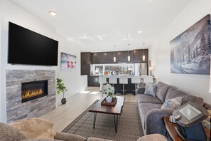 Smart TV, fireplace, books