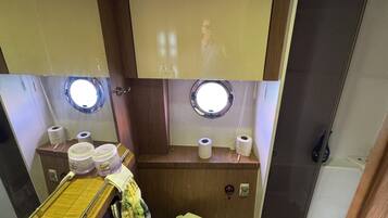 Shower, towels, soap, toilet paper
