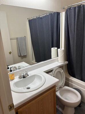 Regadera, toallas, jabón, papel de baño 