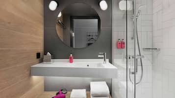 Shower, designer toiletries, hair dryer, towels