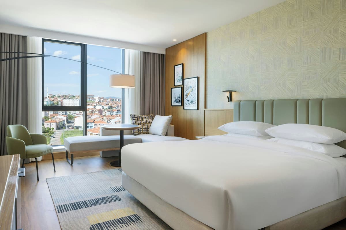 Une chambre d’hôtel avec un grand lit, un bureau, une chaise, une vue sur la ville et un mur décoré de motifs.