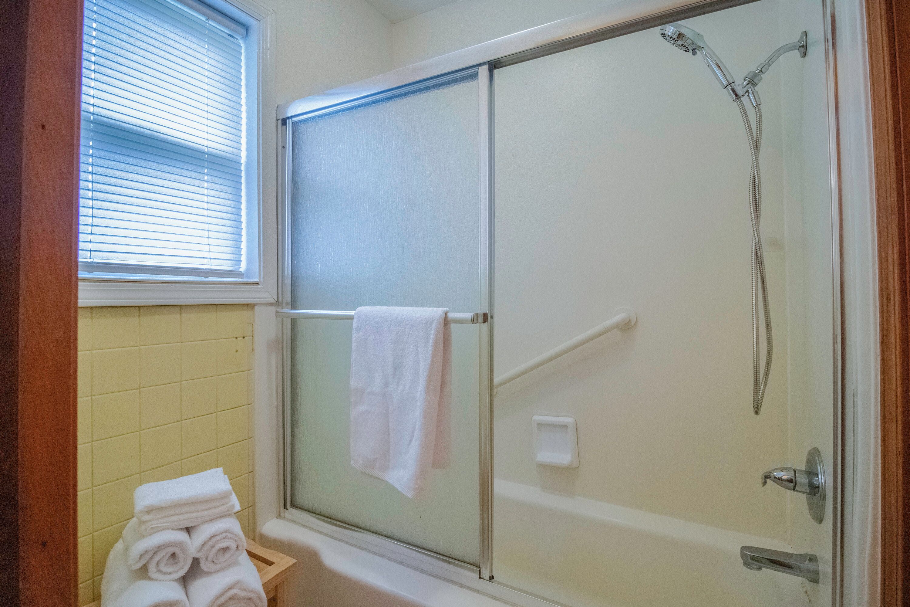 Hair dryer, towels, soap, shampoo