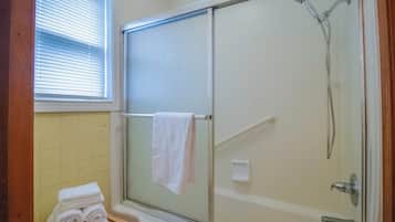 Hair dryer, towels, soap, shampoo