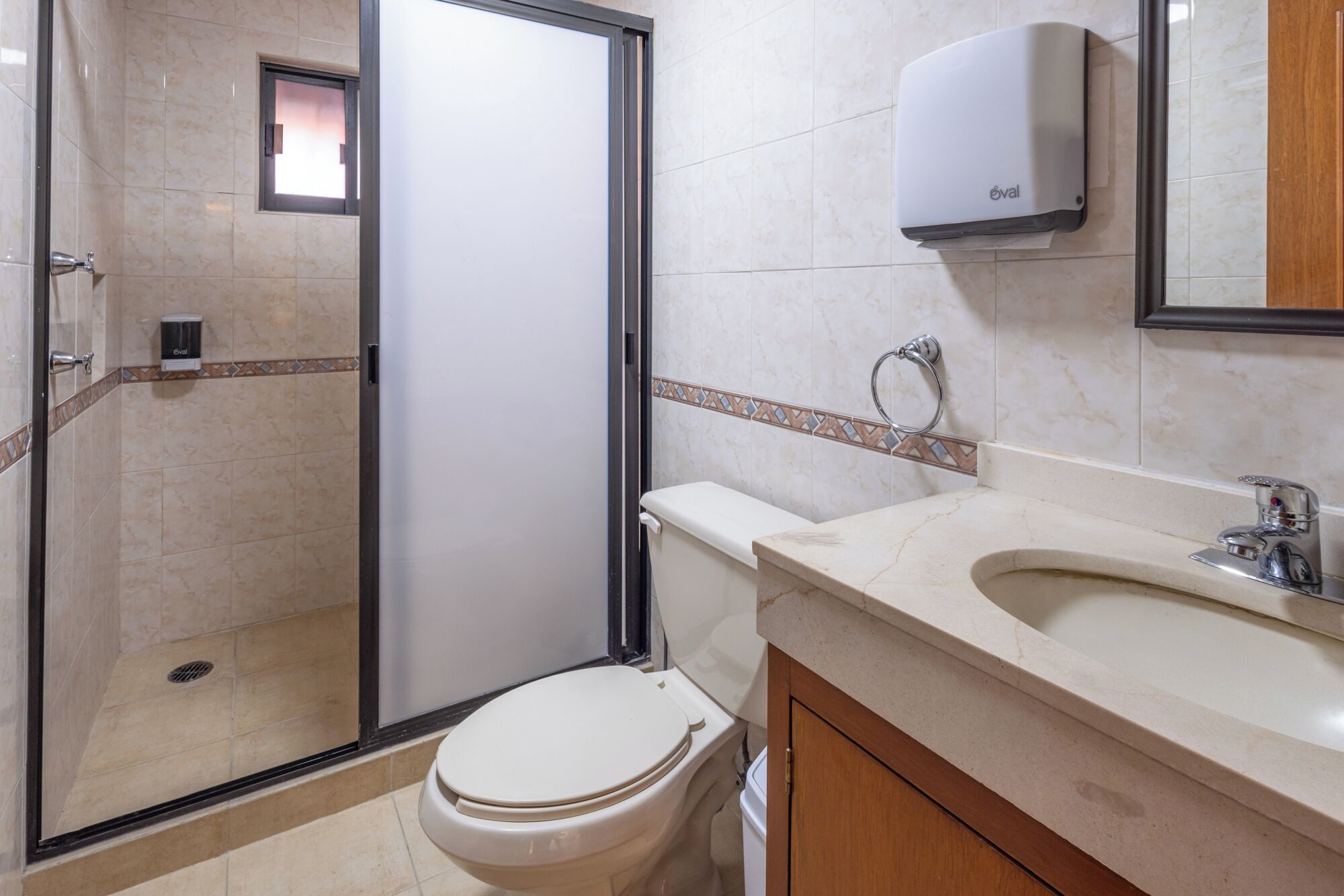 Shower, towels, soap, toilet paper