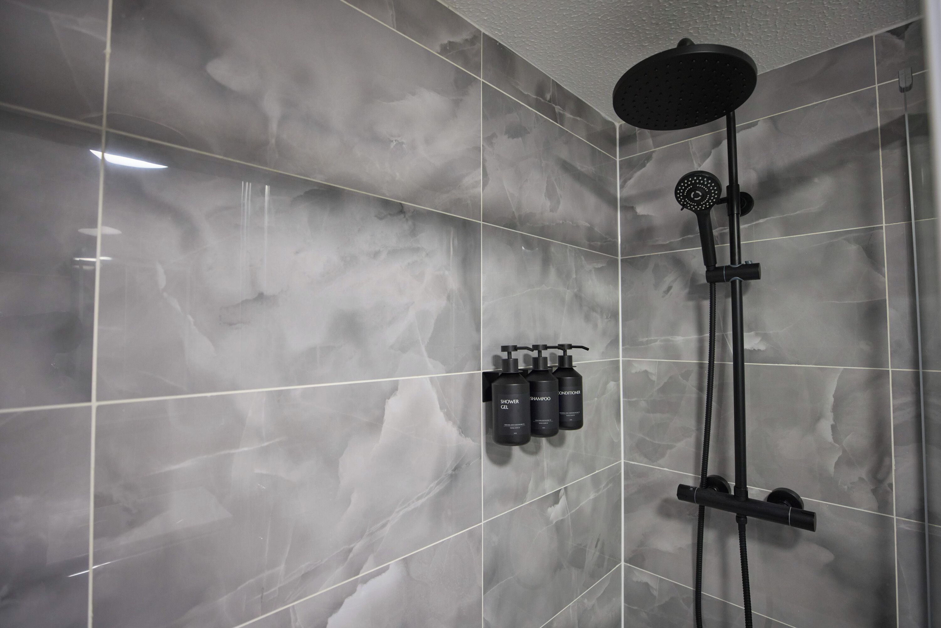 Shower, hair dryer, towels, toilet paper