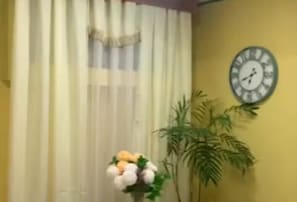 A room with a clock on the wall, a curtain, and a plant. - Homely apartment in Tuguegarao City with WiFi, near the city centre pet Friendly (Tuguegarao City)