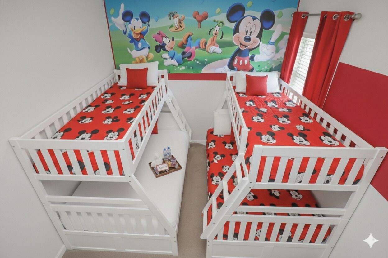 A children's room with bunk beds, a Mickey Mouse-themed mural, and red curtains.