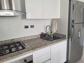 A kitchen with a stainless steel refrigerator, a gas stove, a sink, and white cabinetry. - Exclusive penthouse in Dominicus with 5 pools in a tropical setting (Dominicus)