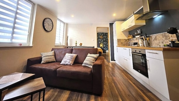 A modern living room with a brown sofa, a dining table, and a kitchen with white cabinets and a black oven. - 2P gîte with sauna on the Route des Vins near Colmar (Bergheim)