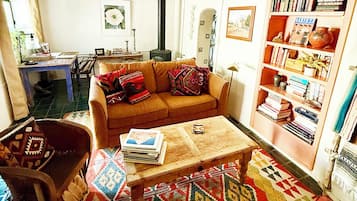 Smart TV, fireplace, books