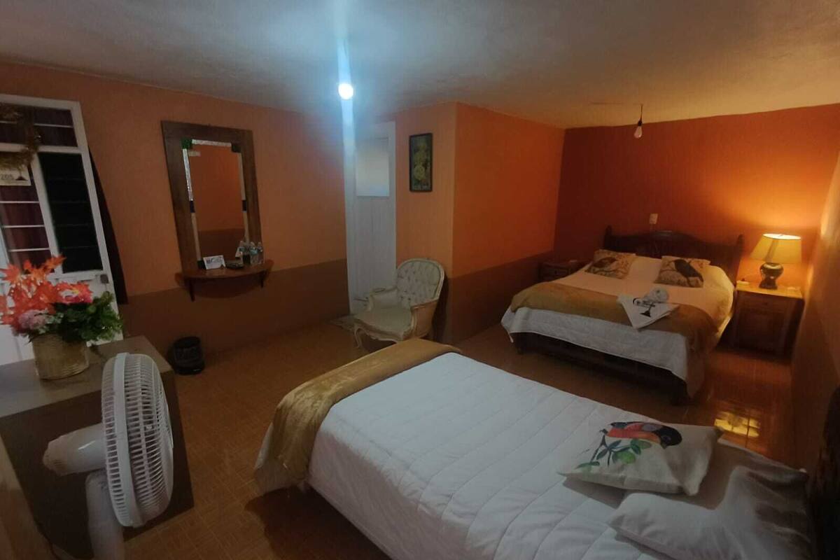 Habitación de hotel con dos camas, una zona de estar con una silla, un ventilador y una mesita con un jarrón de flores.