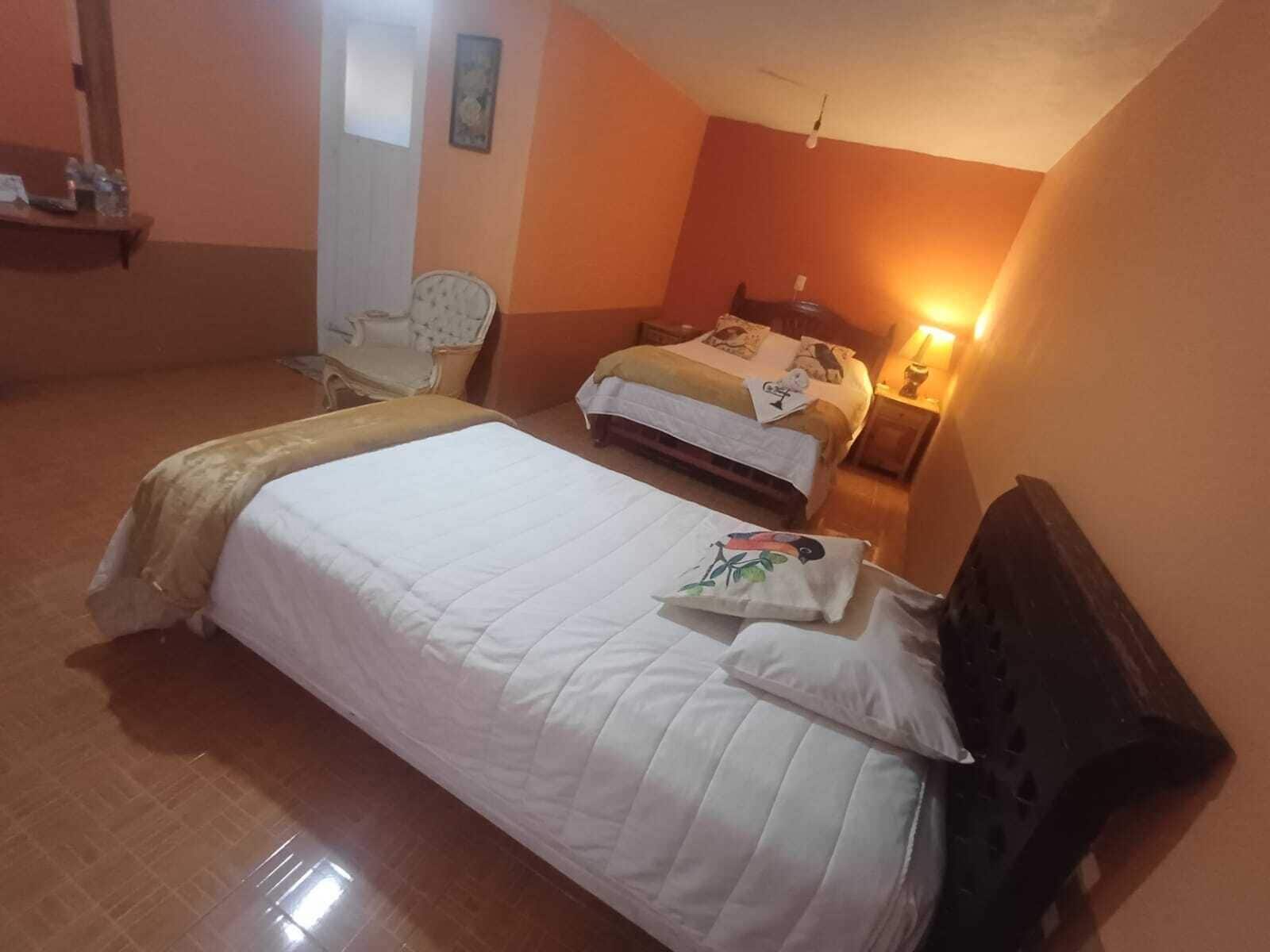 A bedroom with two beds, a chair, a nightstand, and a wall-mounted lamp.