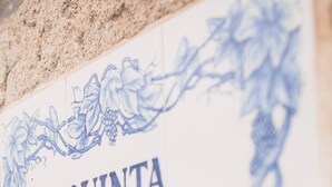A tiled wall with the inscription 'QUINTA DA BEMPOSTA' surrounded by floral patterns. - Casa do Alambique in Quinta da Bemposta (Vila Nova de Famalicão)