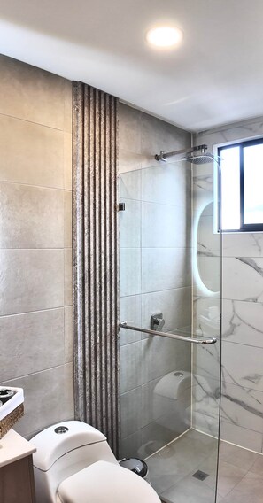 Shower, hair dryer, towels