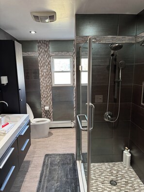 Baignoire à remous, séchoir à cheveux, serviettes fournies, savon