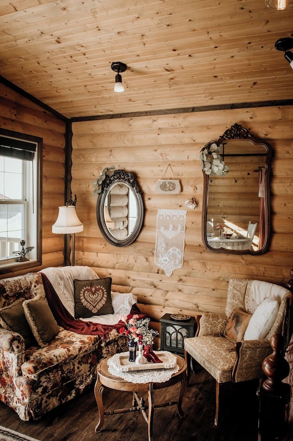 A cozy room with wooden walls, a sofa, a chair, a small table with a tray, and a mirror.