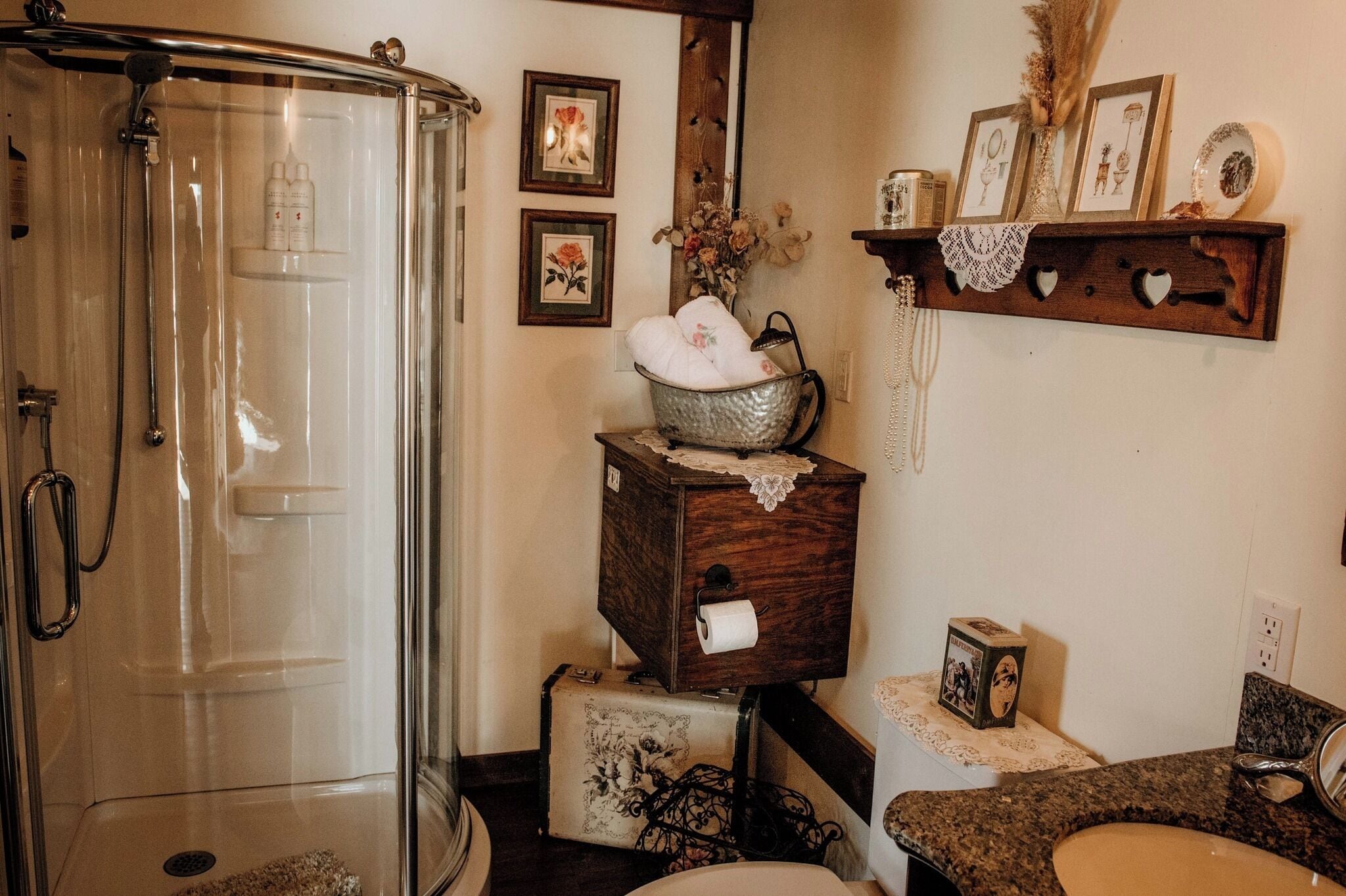 Hair dryer, towels, soap, toilet paper