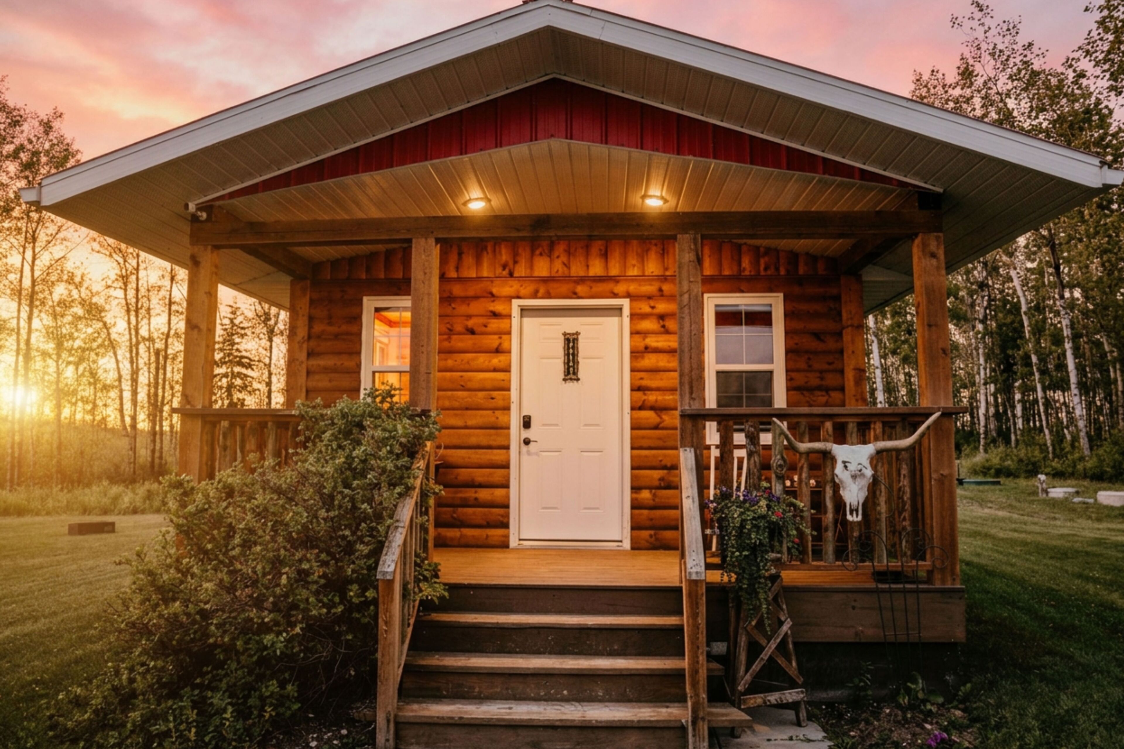 Une cabane en bois dotée d’une véranda, d’une porte d’entrée et d’un escalier menant à l’entrée.