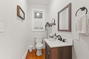 Hair dryer, towels, soap, shampoo