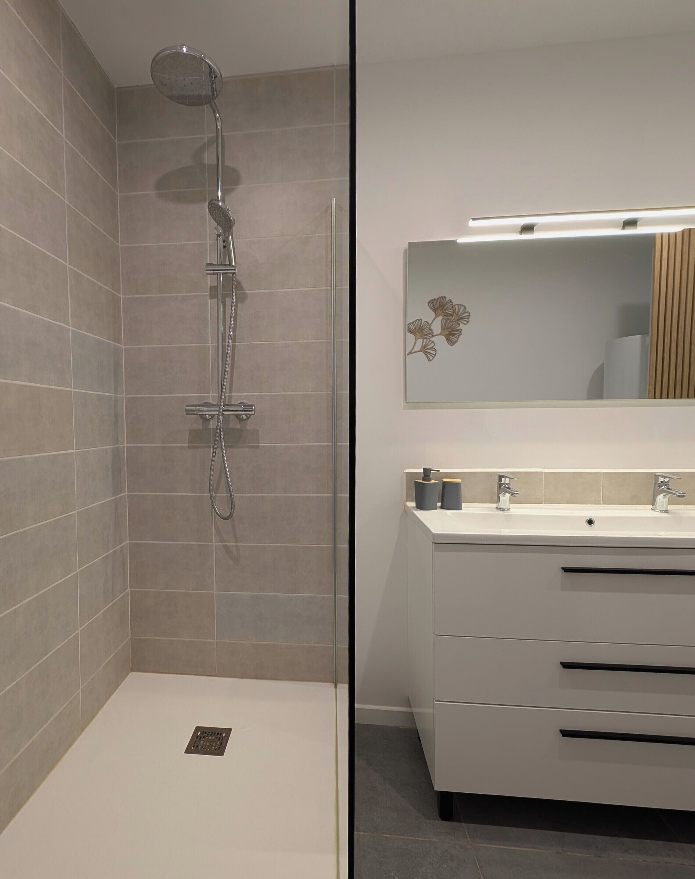 A modern bathroom with a shower, a sink, and a mirror.