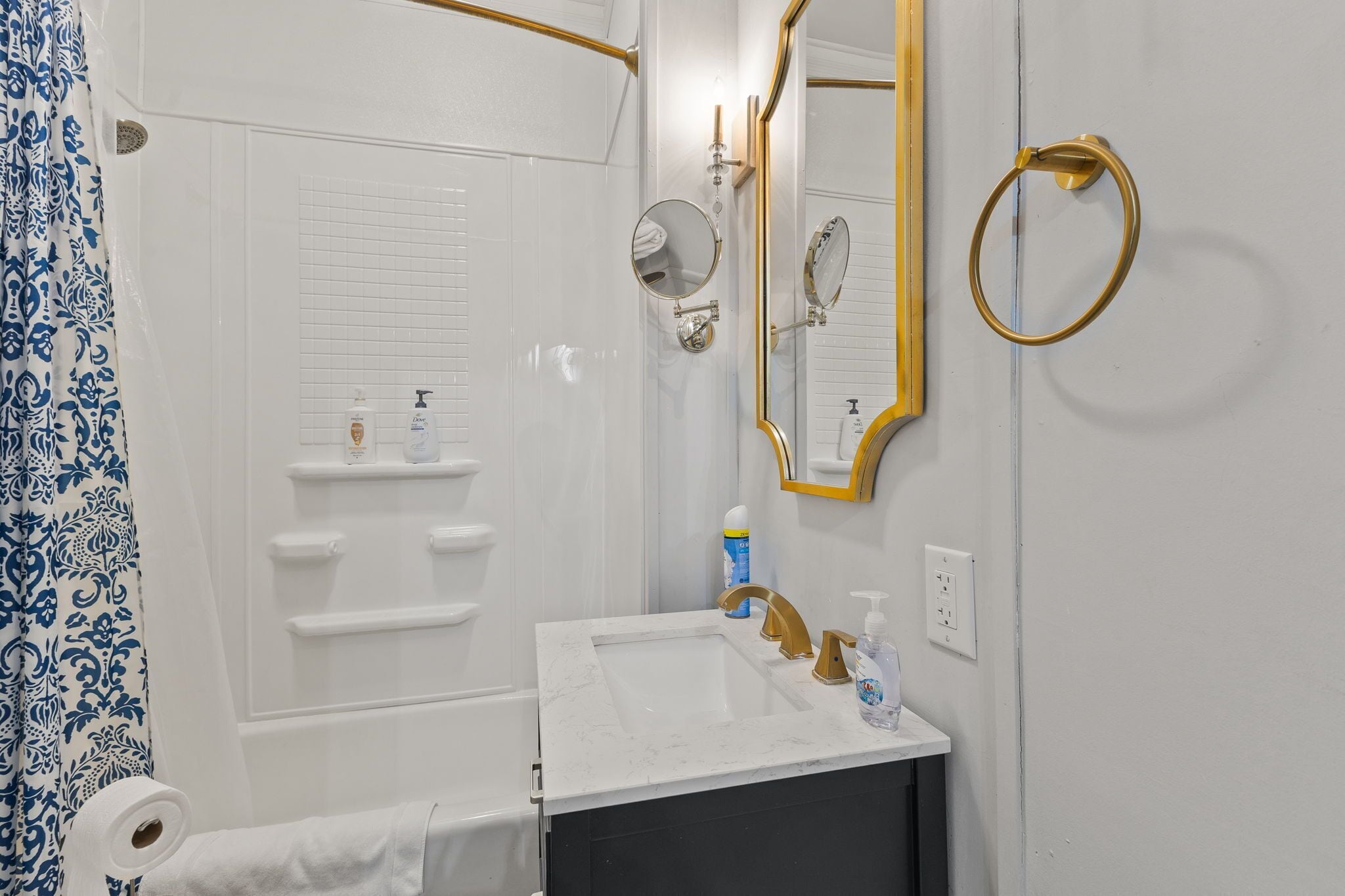 Hair dryer, towels, soap, shampoo