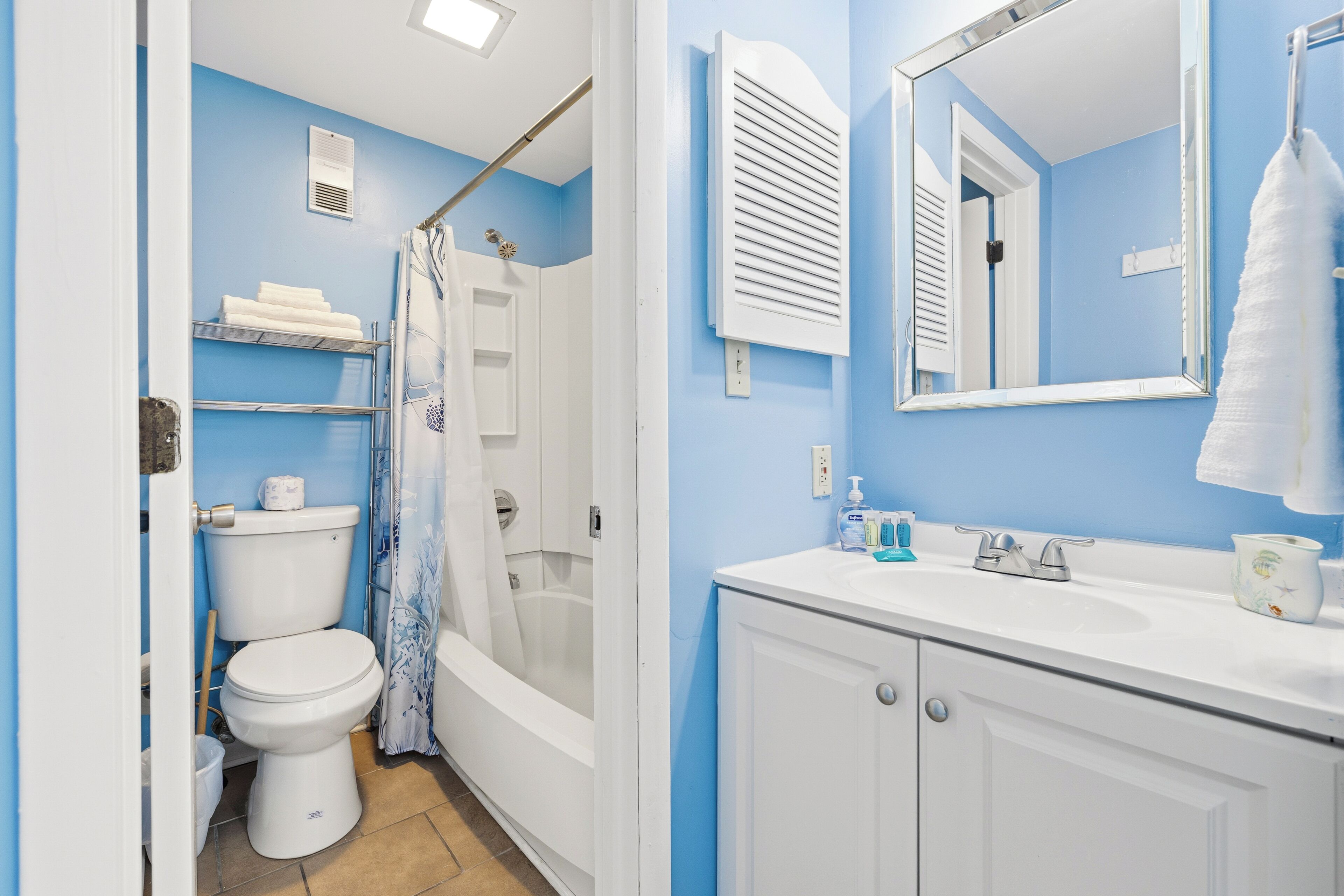 Hair dryer, towels, soap, toilet paper