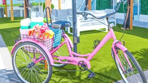 A pink bicycle with a basket, parked on a paved area with artificial grass, near a wooden gazebo and a building with a balcony. - Unit 105 King Suite 1 Bed/1 Bath - The Pearl Cabana Club (St Pete Beach)