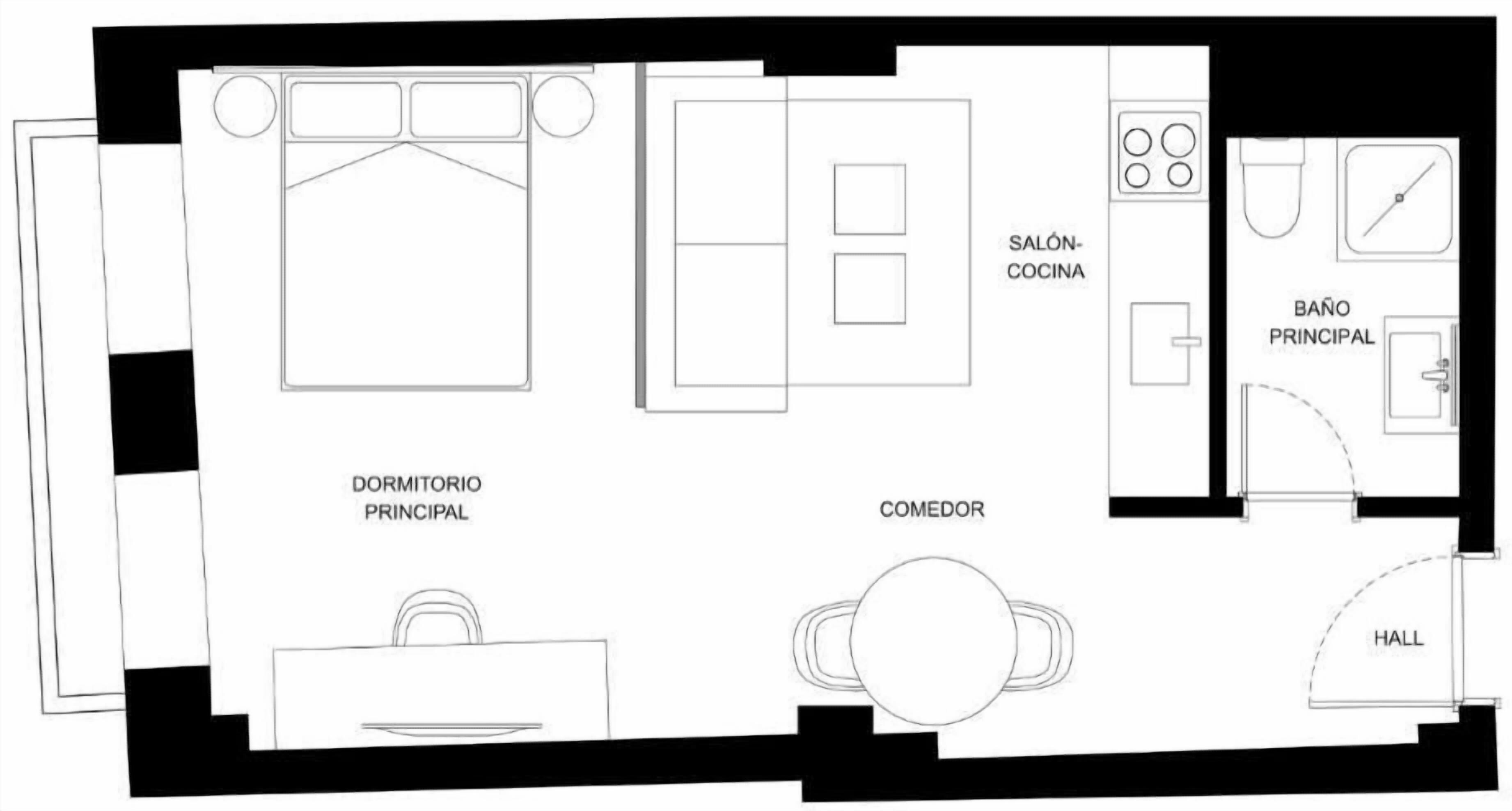 A floor plan with a principal bedroom, a dining area, a kitchen, a bathroom, and a hall.