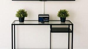 A modern room with a large flat-screen TV mounted on the wall, a glass-top desk with two potted plants, and a small radio.