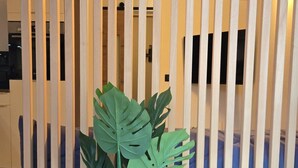 A room with a vertical wooden partition, a potted plant, and a bed with a blue cover.