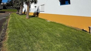 Un edificio de dos pisos con fachada blanca y detalles en naranja, con un césped cuidado y palmeras.